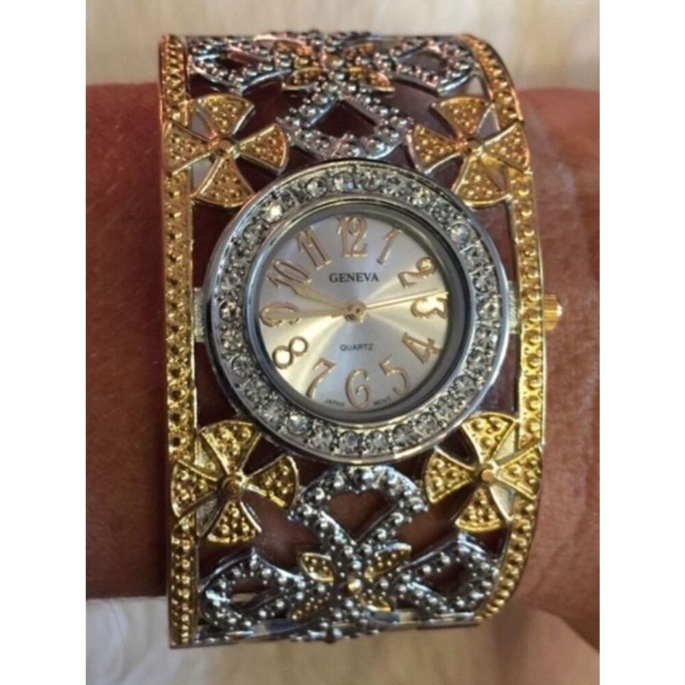 Two Tone Floral Wide Cuff Bracelet Watch NWT